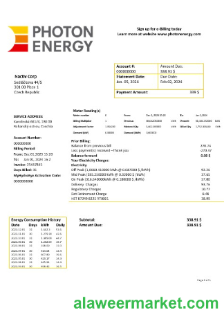 Czech Republic Photon Energy business utility bill template in Word and pdf formats